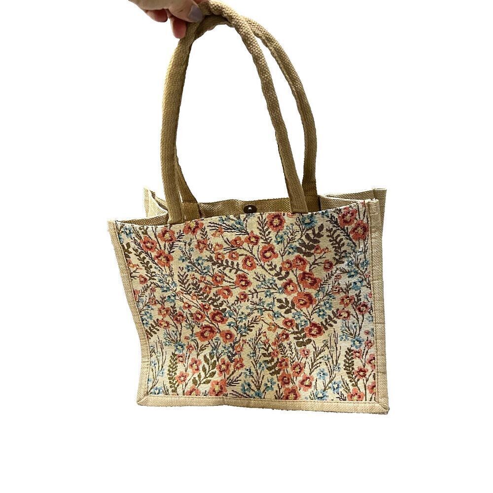 Retro Granny Brown Tote Bag Floral Canvas Classic Double Handle Grandma Boho